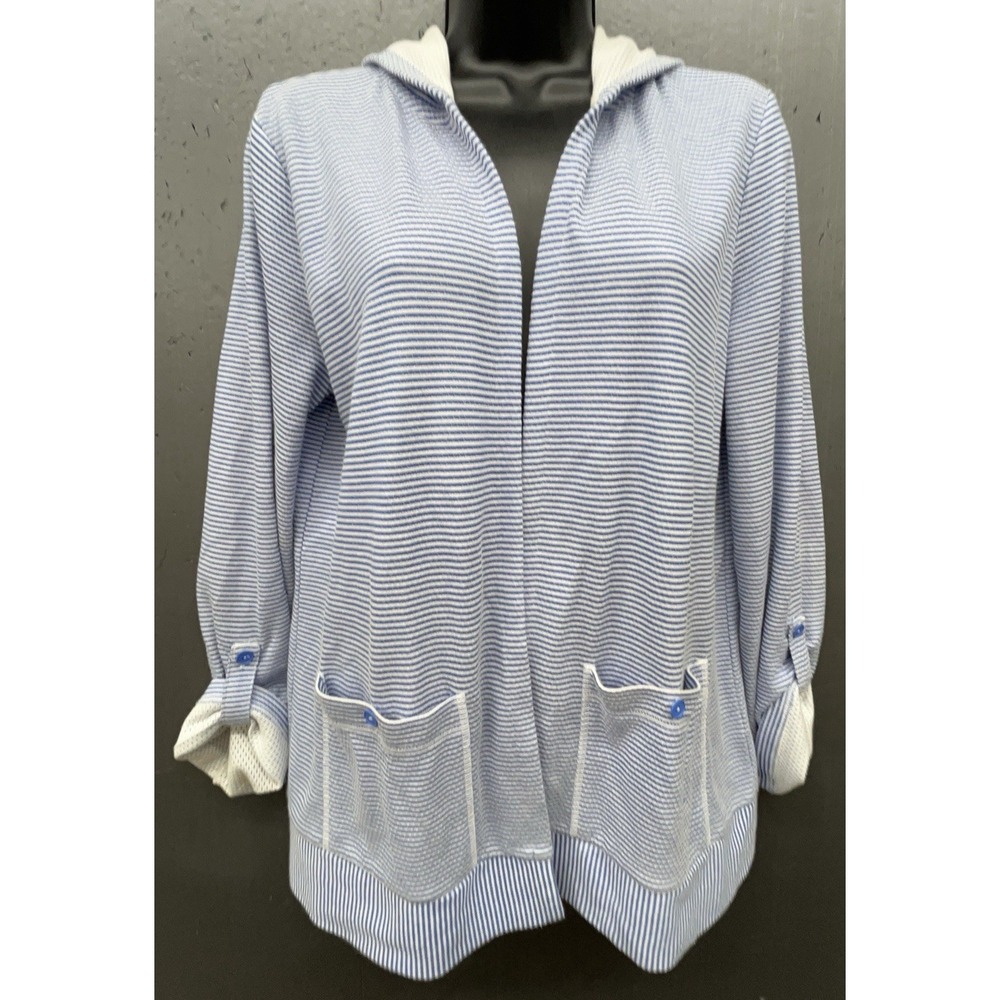 T Talbots Jacket S Baby Blue White Stripe Open Pockets Hood Coastal Prep Beachy